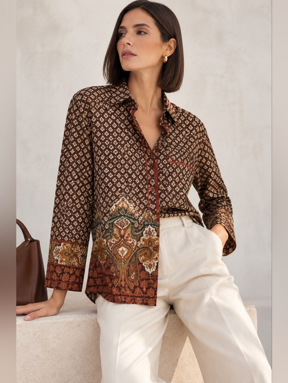 Zara Brown Paisley Border Print Button Down Shirt NWT M